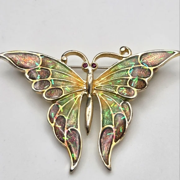 Vintage Enamel Gold Tone Rainbow Art Nouveau Butterfly Brooch - Picture 3 of 6